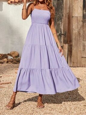 Smocked Bodice Lavender Maxi Dress - Women